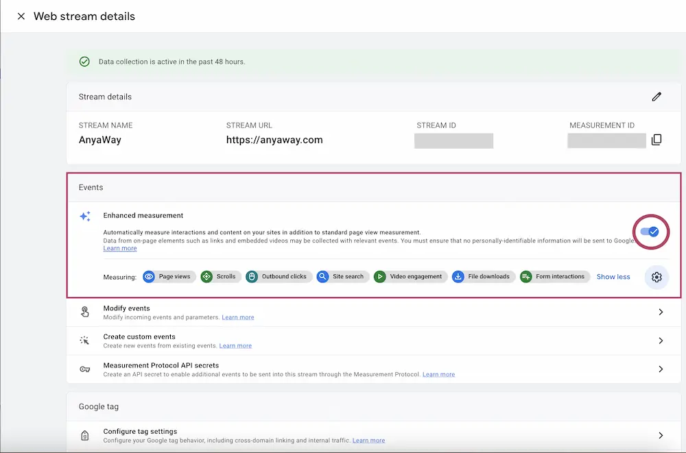 Screenshot of the GA4 Admin settings which shows the Enhanced Events Measurement in Data Stream Settings in GA4