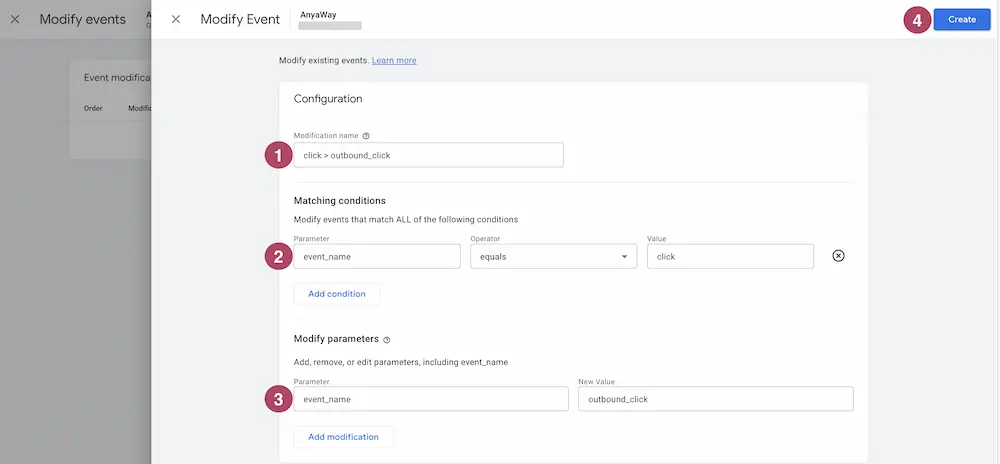 Screenshot of the GA4 Admin settings which shows 'Modify Event' functionality