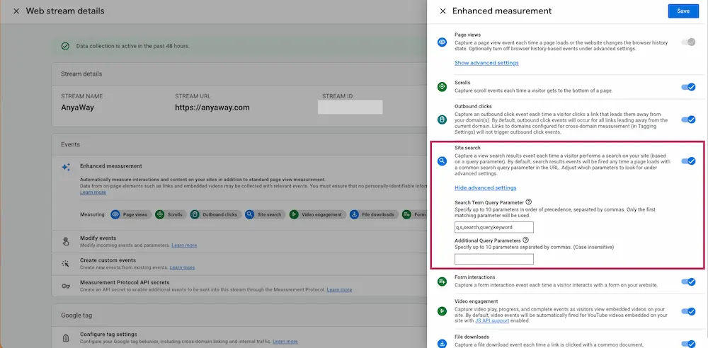 Screenshot of the GA4 Admin settings which shows the Enhanced Events Measurement of Site Search in GA4